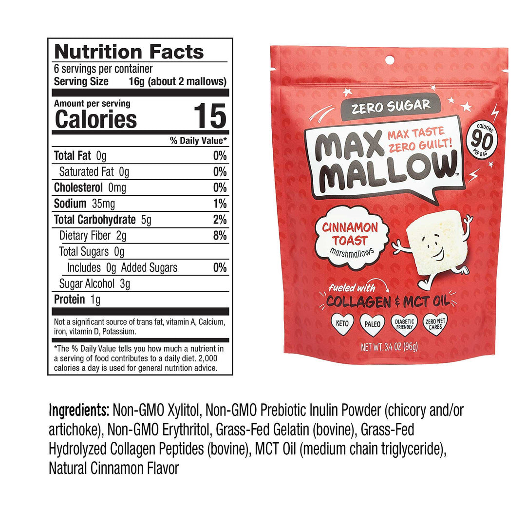 Max Mallows Sugar Free Cinnamon Toast with nutrition label