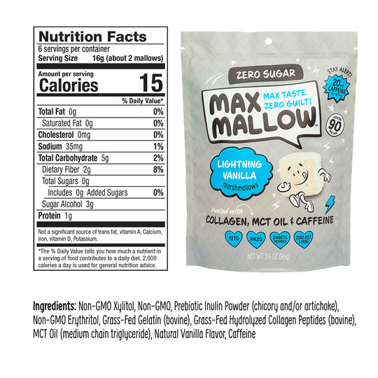 Sugar-Free Max Mallows, Lightning Vanilla front view with nutrition lable